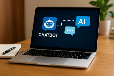 A laptop displaying a chatbot AI interface on the screen, placed on a wooden desk with a notebook, pen, and a plant in the background — representing AI chatbot application in business environments.