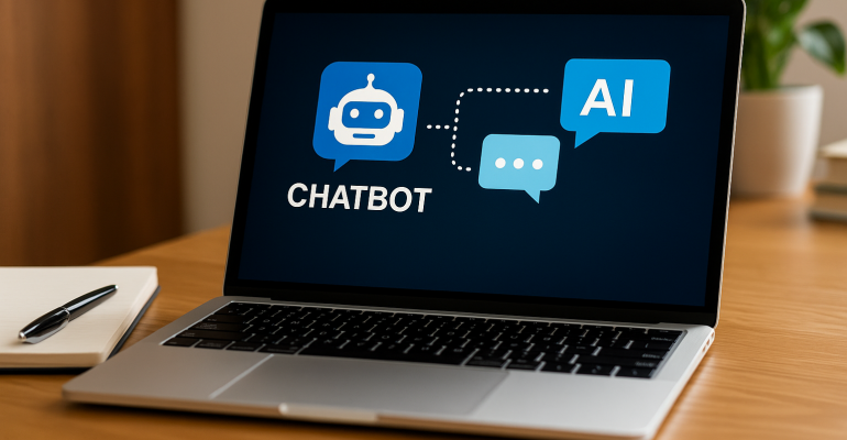 A laptop displaying a chatbot AI interface on the screen, placed on a wooden desk with a notebook, pen, and a plant in the background — representing AI chatbot application in business environments.