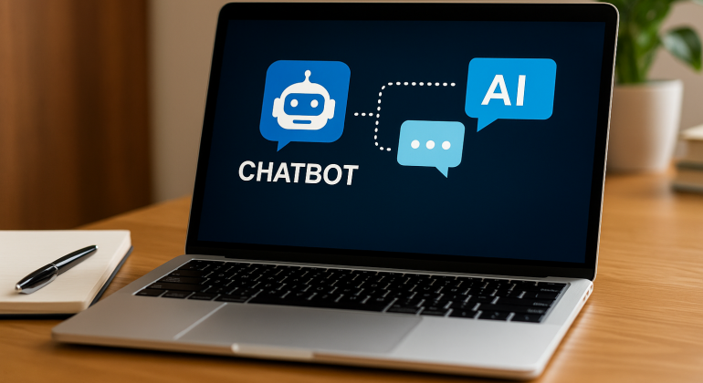 A laptop displaying a chatbot AI interface on the screen, placed on a wooden desk with a notebook, pen, and a plant in the background — representing AI chatbot application in business environments.