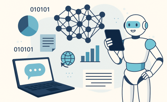 A flat-style digital illustration depicting a humanoid robot interacting with data elements such as a neural network, chatbot interface on a laptop, charts, and binary code — representing AI chatbot training and data processing.