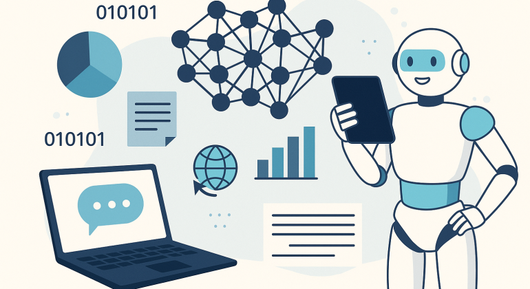 A flat-style digital illustration depicting a humanoid robot interacting with data elements such as a neural network, chatbot interface on a laptop, charts, and binary code — representing AI chatbot training and data processing.