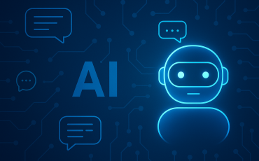 Digital illustration of an AI chatbot with glowing neon blue lines, speech bubbles, and circuit patterns on a dark background.