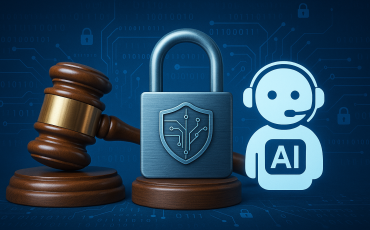 Digital illustration showing a wooden gavel, a metallic padlock with a shield icon, and an AI chatbot icon, symbolizing legal compliance and data security in AI chatbot usage.
