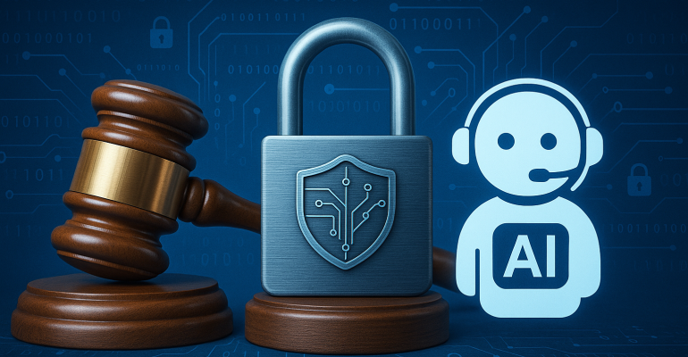 Digital illustration showing a wooden gavel, a metallic padlock with a shield icon, and an AI chatbot icon, symbolizing legal compliance and data security in AI chatbot usage.