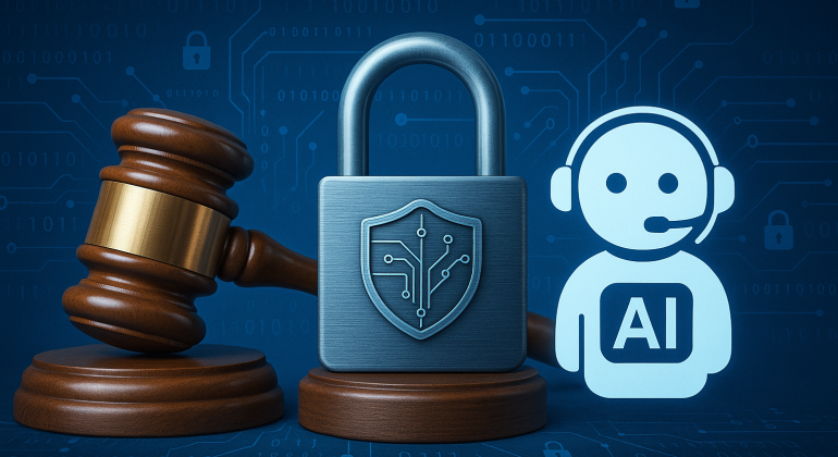 Digital illustration showing a wooden gavel, a metallic padlock with a shield icon, and an AI chatbot icon, symbolizing legal compliance and data security in AI chatbot usage.