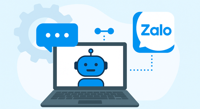 Illustration of an AI chatbot integrated with Zalo OA, showing a chatbot icon on a laptop connected to the Zalo logo, representing digital automation.
