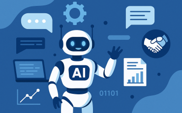 Illustration of an AI chatbot with a friendly robot, chat bubbles, laptop, and charts symbolizing smarter automation