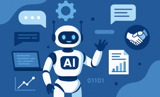 Illustration of an AI chatbot with a friendly robot, chat bubbles, laptop, and charts symbolizing smarter automation