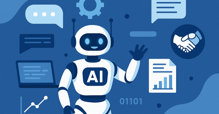 Illustration of an AI chatbot with a friendly robot, chat bubbles, laptop, and charts symbolizing smarter automation
