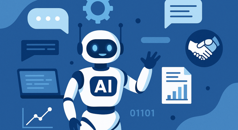 Illustration of an AI chatbot with a friendly robot, chat bubbles, laptop, and charts symbolizing smarter automation