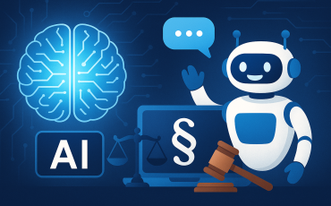 A digital illustration of an AI-powered chatbot assisting with legal advice, featuring a robot, a glowing AI brain, a laptop with legal symbols such as a paragraph sign (§), scales of justice, and a gavel, representing the integration of artificial intelligence in legal services.