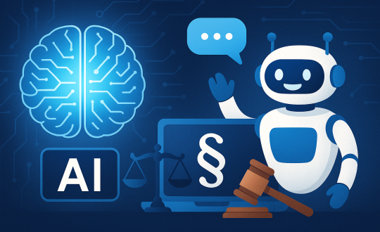 A digital illustration of an AI-powered chatbot assisting with legal advice, featuring a robot, a glowing AI brain, a laptop with legal symbols such as a paragraph sign (§), scales of justice, and a gavel, representing the integration of artificial intelligence in legal services.