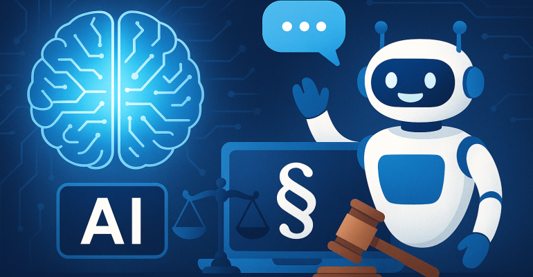 A digital illustration of an AI-powered chatbot assisting with legal advice, featuring a robot, a glowing AI brain, a laptop with legal symbols such as a paragraph sign (§), scales of justice, and a gavel, representing the integration of artificial intelligence in legal services.