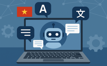 Multilingual AI chatbot illustration featuring a robot on a laptop screen with speech bubbles in Vietnamese, English, and Japanese, representing natural language processing and cross-language communication.