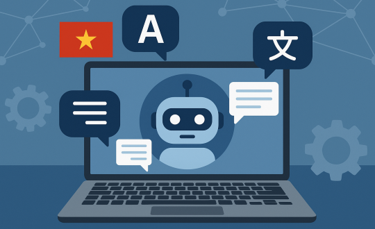 Multilingual AI chatbot illustration featuring a robot on a laptop screen with speech bubbles in Vietnamese, English, and Japanese, representing natural language processing and cross-language communication.