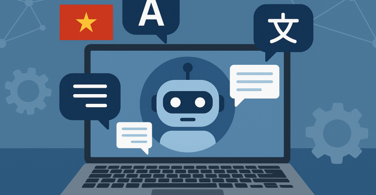 Multilingual AI chatbot illustration featuring a robot on a laptop screen with speech bubbles in Vietnamese, English, and Japanese, representing natural language processing and cross-language communication.