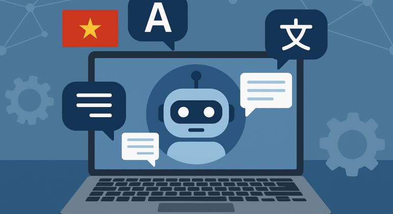 Multilingual AI chatbot illustration featuring a robot on a laptop screen with speech bubbles in Vietnamese, English, and Japanese, representing natural language processing and cross-language communication.